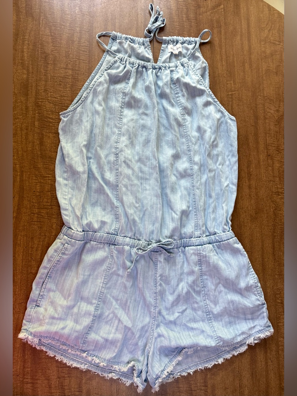 Bella Dahl Taya Chambray Halter Romper Womens Sz L Light Blue Tencel Frayed